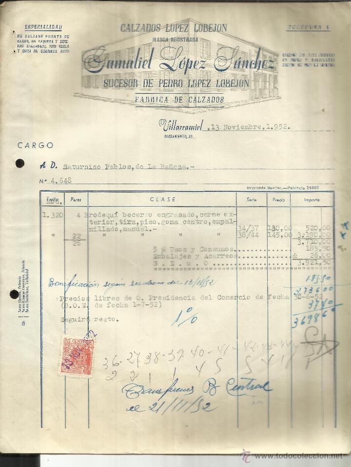 Facturas antiguas: FACTURA DE GAMALIEL L&Oacute;PEZ S&Aacute;NCHEZ. SUCESOR DE PEDRO L&Oacute;PEZ LOBEJAN. VILLARRAMIEL. PALENCIA. 1952