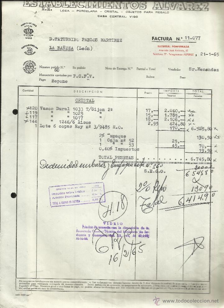Facturas antiguas: FACTURA DE MANUEL &Aacute;LVAREZ E HIJOS S.A. ESTABLECIMIENTOS &Aacute;LVAREZ. VIGO. 1965