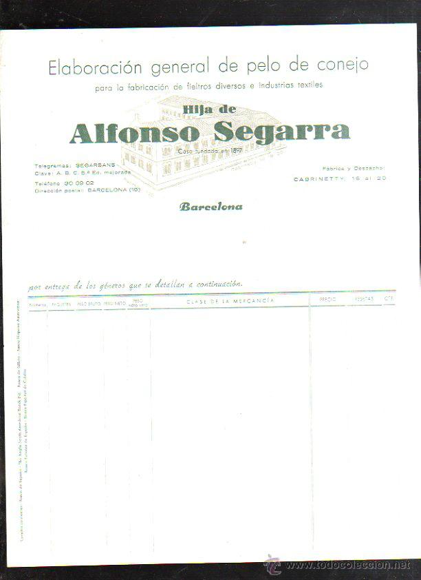 Facturas antiguas: FACTURA DE HIJA DE ALFONSO SEGURA. ELABORACION EN PELO DE CONEJO. BARCELONA