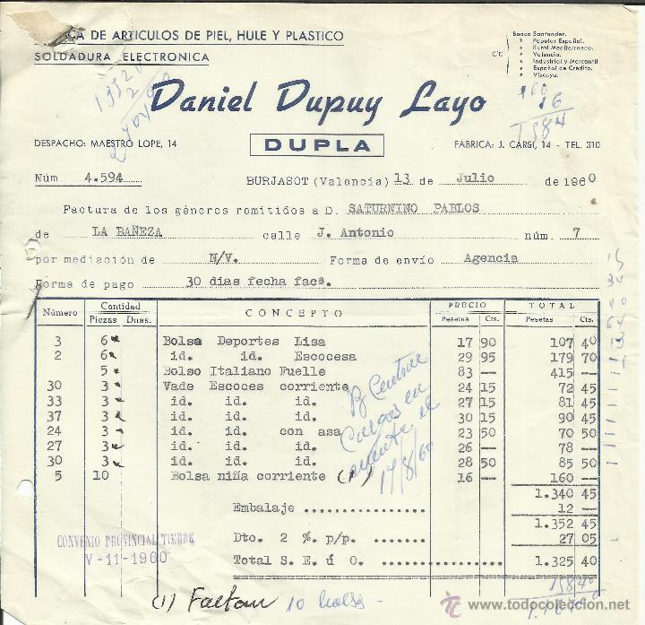 Alte Rechnungen: FACTURA DE DANIEL DUPUY LAYO. DUPLA. ART&Iacute;CULOS DE PIEL. BURJASOT. VALENCIA. 1960