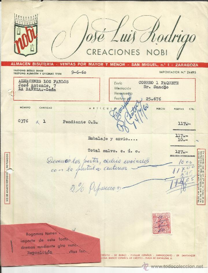 Facturas antiguas: FACTURA DE JOS&Eacute; LUIS RODRIGO. CREACIONES NOBI. ZARAGOZA. 1960