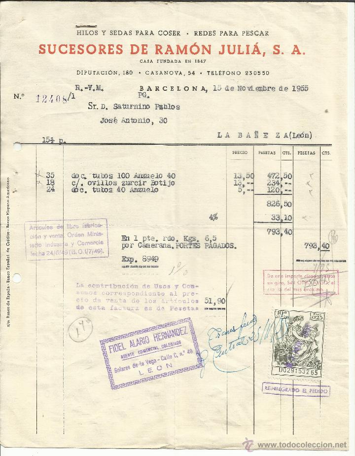 Facturas antiguas: FACTURA DE SUCESOR DE RAM&Oacute;N JULI&Aacute;, S.A. HILOS Y SEDAS PARA COSER. BARCELONA. 1955