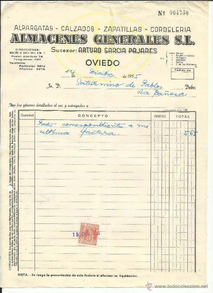 Facturas antiguas: FACTURA DE ALMACENES GENERALES S.L. SUCESOR: ARTURO GARC&Iacute;A PAJARES. OVIEDO. 1955