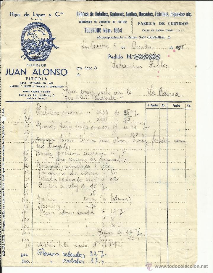 Facturas antiguas: FACTURA DE HIJOS DE L&Oacute;PEZ Y C&ordf;. SUCESOR JUAN ALONSO. VITORIA. 1955