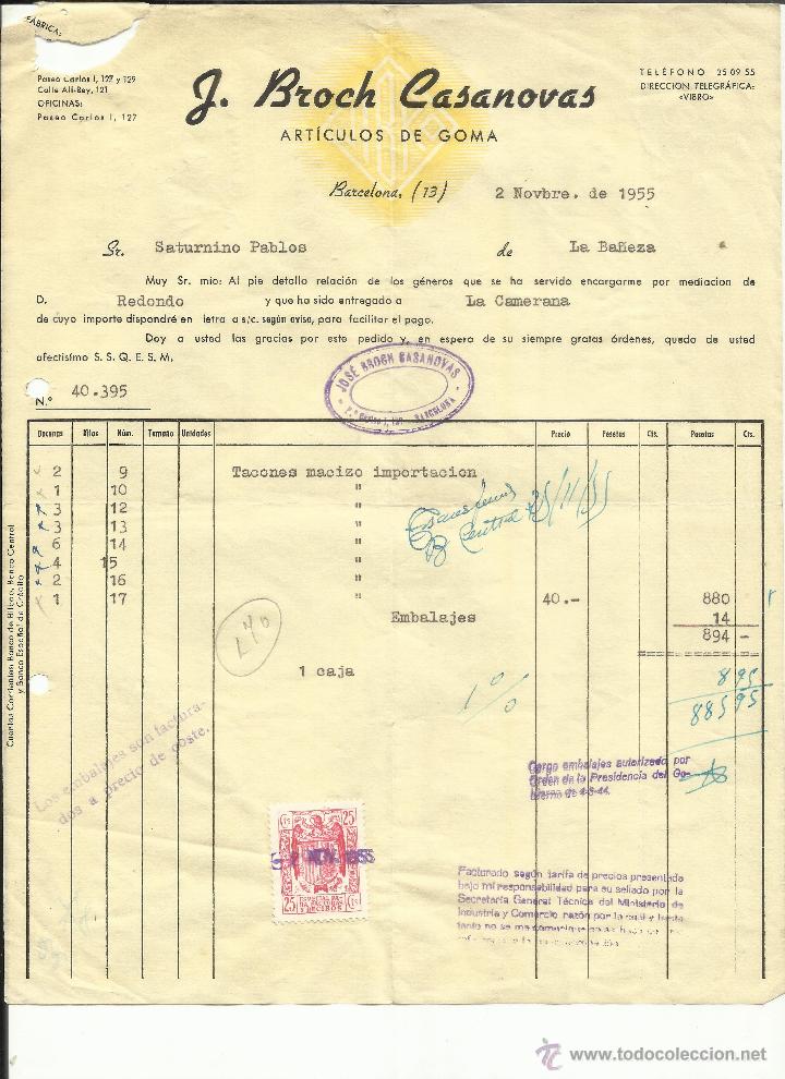 Facturas antiguas: FACTURA DE J. BROCH CASANOVAS. ART&Iacute;CULOS DE GOMA. BARCELONA. 1955