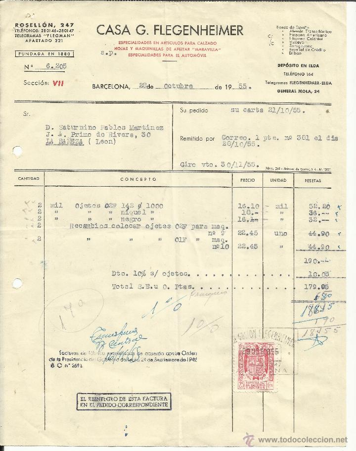 Alte Rechnungen: FACTURA DE CASA G. FLEGENHEIMER. MAQUINILLAS DE AFEITAR MARAVILLA. BARCELONA. 1955