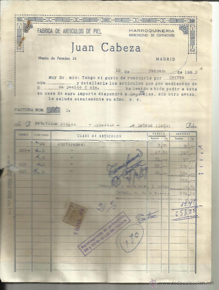 Alte Rechnungen: FACTURA DE JUAN CABEZA. F&Aacute;BRICA DE ART&Iacute;CULOS DE PIEL. MADRID. 1959