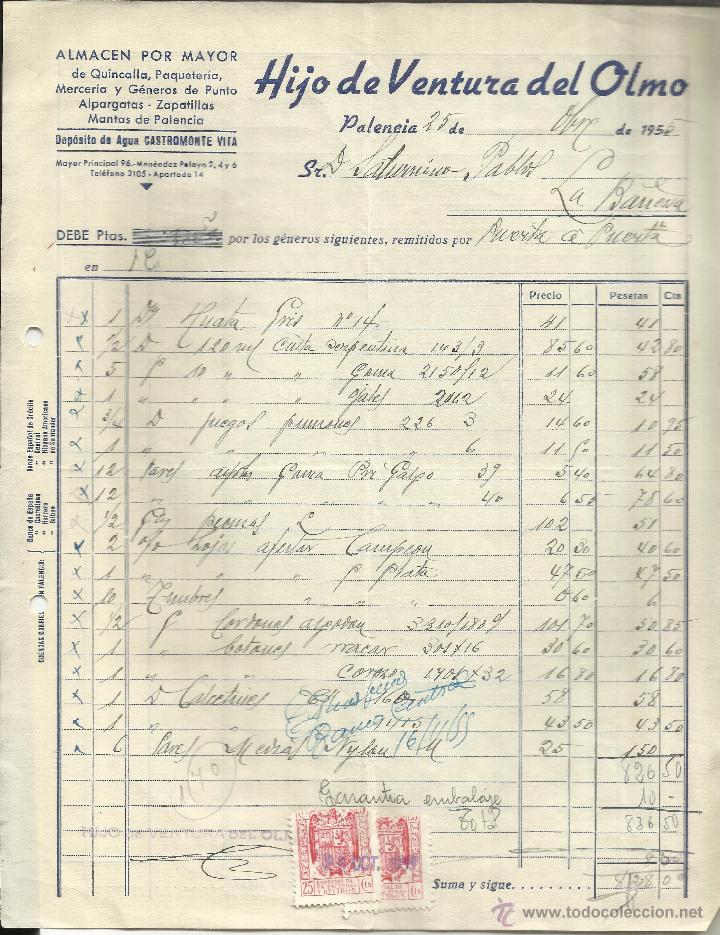 Alte Rechnungen: FACTURA DE HIJO DE VENTURA DEL OLMO. PALENCIA. 1955
