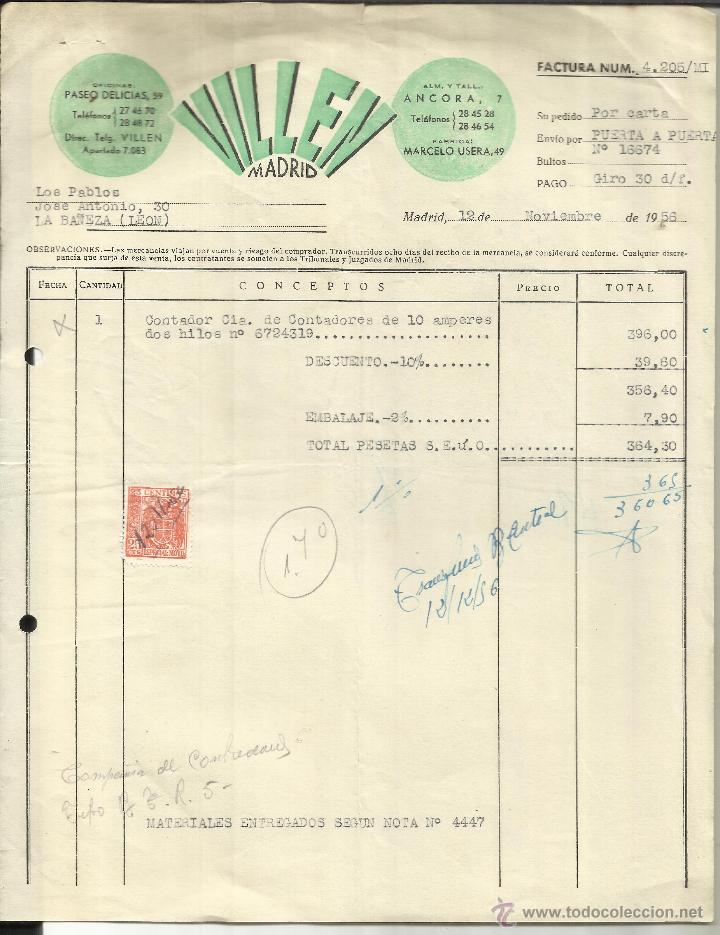 Alte Rechnungen: FACTURA DE VILL&Eacute;N. MADRID. 1956