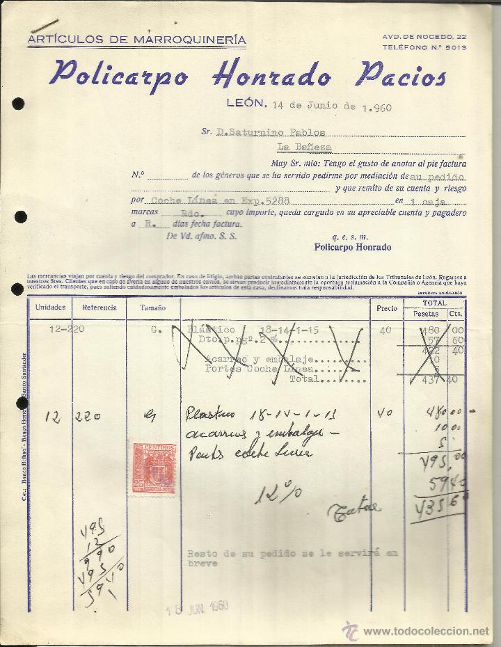 Alte Rechnungen: FACTURA DE POLICARPO HONRADO PADIOS. ART&Iacute;CULOS DE MARROQUINER&Iacute;A. LE&Oacute;N. 1960
