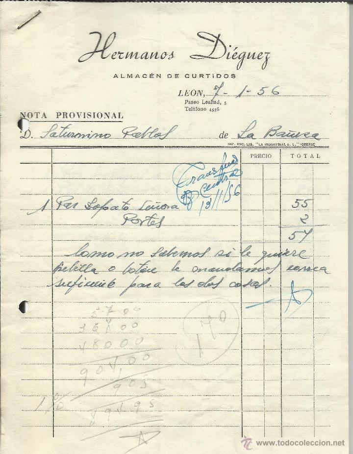 Alte Rechnungen: FACTURA DE HERMANOS DI&Eacute;GUEZ. ALMAC&Eacute;N DE CURTIDOS. LE&Oacute;N. 1956