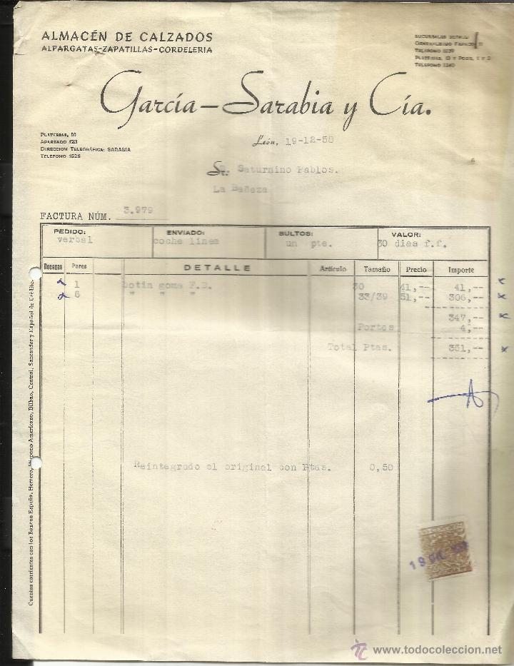 Alte Rechnungen: FACTURA DE GARC&Iacute;A-SARABIA Y C&Iacute;A. ALMAC&Eacute;N DE CALZADOS. LE&Oacute;N. 1958