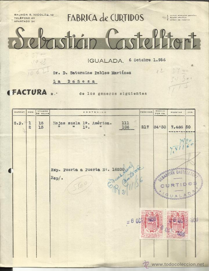 Alte Rechnungen: FACTURA DE SEBASTI&Aacute;N CASTELLTORT. F&Aacute;BRICA DE CURTIDOS. IGUALADA. BARCELONA. 1956