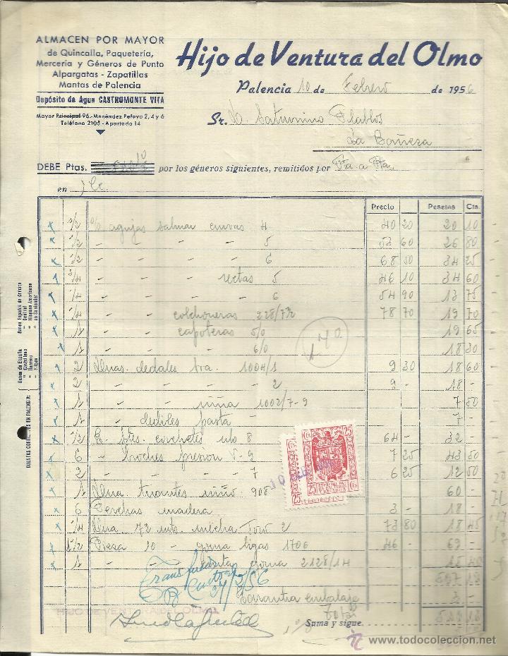 Alte Rechnungen: FACTURA DE HIJO DE VENTURA DEL OLMO. QUINCALLA. MERCER&Iacute;A. PALENCIA. 1956