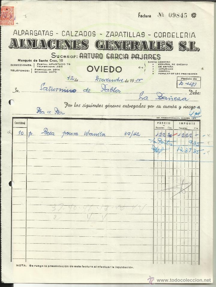 Alte Rechnungen: FACTURA DE ALMACENES GENERALES S.L. SUCESOR: ARTURO GARC&Iacute;A PAJARES. OVIEDO. 1955