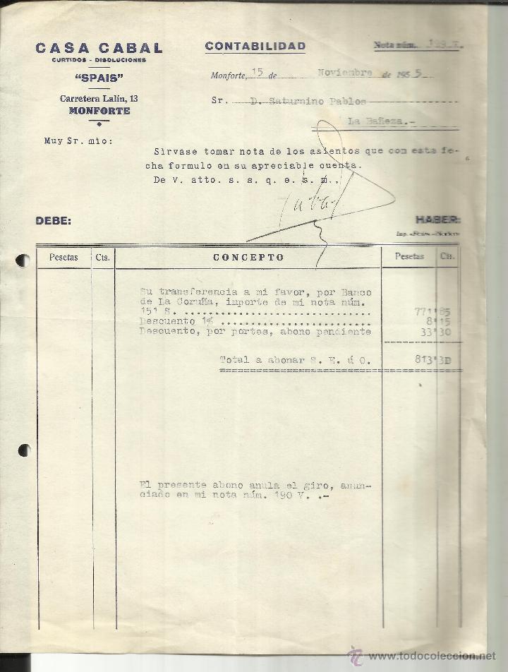 Alte Rechnungen: FACTURA DE CASA CABAL. SPAIS.  CURTIDOS. DISOLUCIONES. MONFORTE. LUGO. 1955