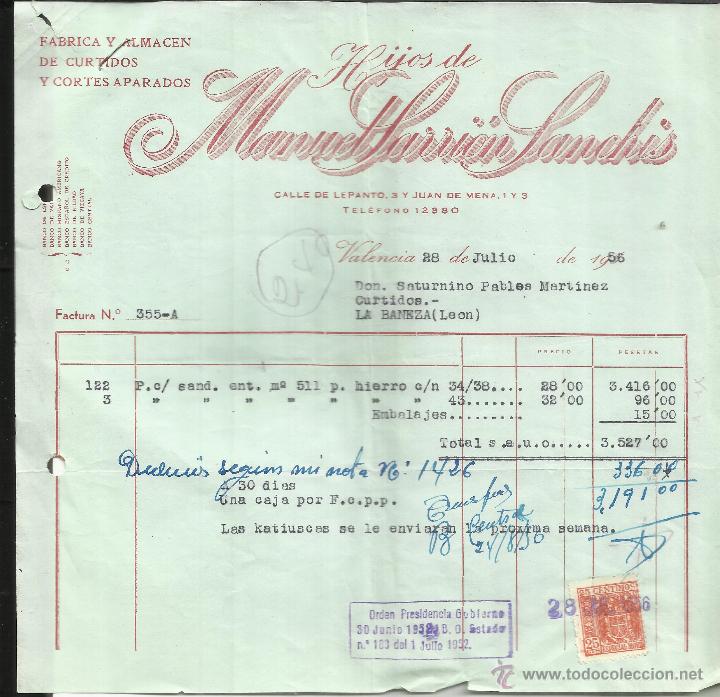 Alte Rechnungen: FACTURA DE HIJOS DE MANUEL SARRI&Oacute;N SANCHIS. CURTIDOS Y CORTES APARADOS. VALENCIA. 1956