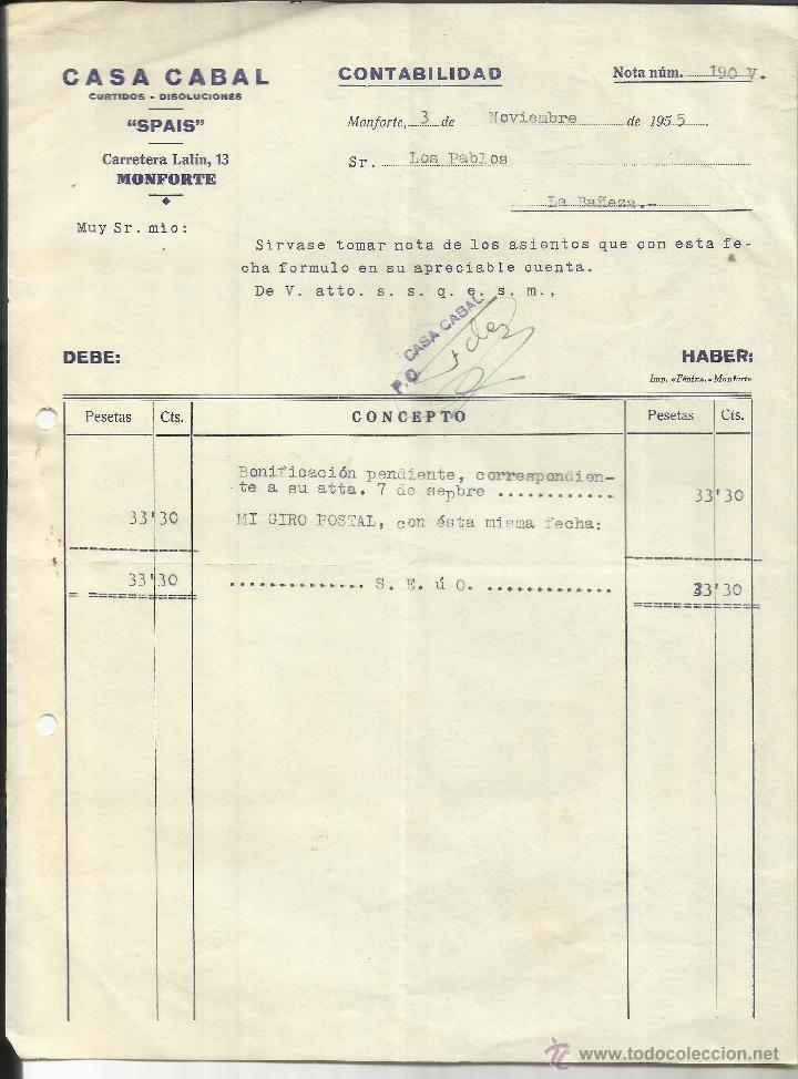 Alte Rechnungen: FACTURA DE CASA CABAL. SPAIS.  CURTIDOS. DISOLUCIONES. MONFORTE. LUGO. 1955