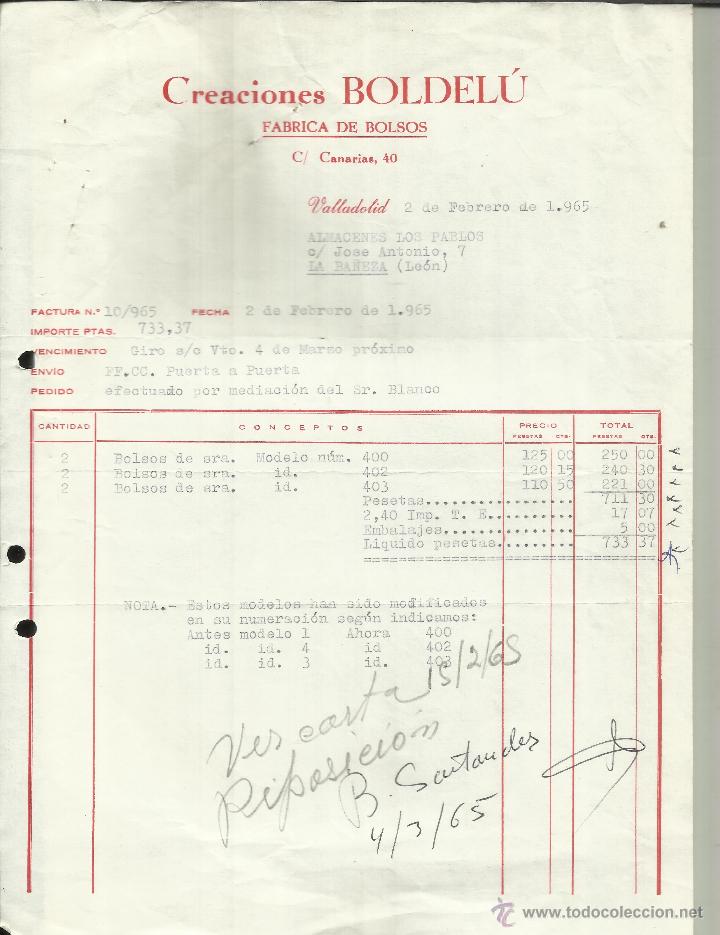 Alte Rechnungen: FACTURA DE CREACIONES BOLDEL&Uacute;. F&Aacute;BRICA DE BOLSOS. VALLADOLID. 1965
