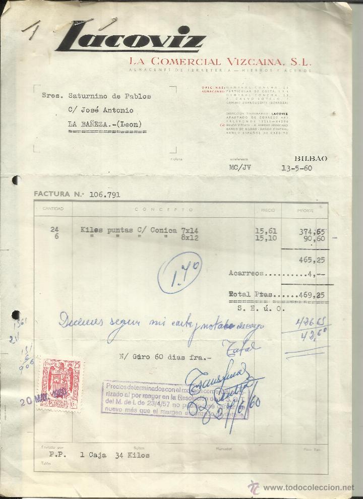 Alte Rechnungen: FACTURA DE LACOVIZ. LA COMERCIAL VIZCAINA. S.L. FERRETER&Iacute;A. BILBAO. 1960