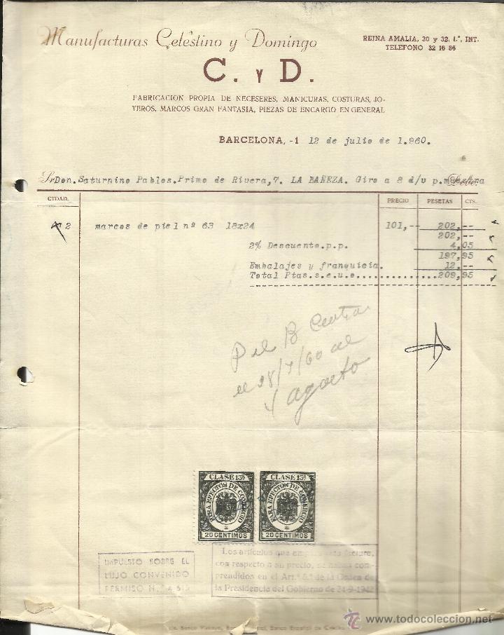 Alte Rechnungen: FACTURA DE MANUFACTURAS CELESTINO Y DOMINGO. C Y D. BARCELONA. 1960