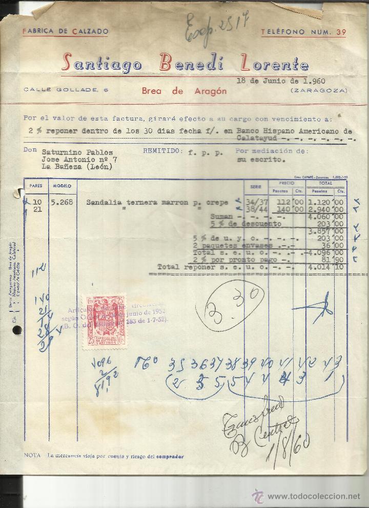 Alte Rechnungen: FACTURA DE SANTIAGO BENEDI LORENTE. F&Aacute;BRICA DE CALZADO. BREA DE ARAG&Oacute;N. ZARAGOZA. 1960