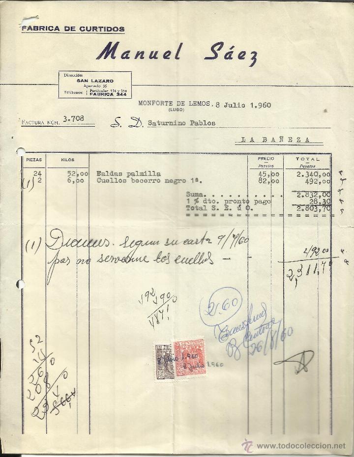 Alte Rechnungen: FACTURA DE MANUEL S&Aacute;EZ. F&Aacute;BRICA DE CURTIDOS. MONFORTE DE LEMOS. LUGO. 1960