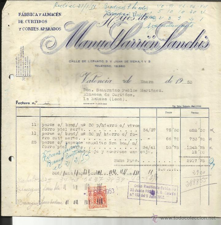 Alte Rechnungen: FACTURA DE MANUEL SARRI&Oacute;N SANCH&Iacute;S. F&Aacute;BRICA Y ALMAC&Eacute;N DE CURTIDOS. VALENCIA. 1953