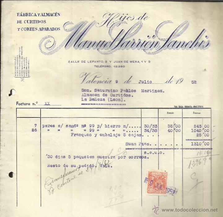 Alte Rechnungen: FACTURA DE MANUEL SARRI&Oacute;N SANCH&Iacute;S. F&Aacute;BRICA Y ALMAC&Eacute;N DE CURTIDOS. VALENCIA. 1952