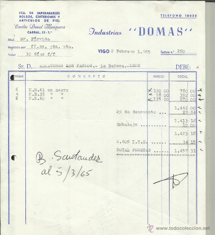 Alte Rechnungen: FACTURA DE INDUSTRIAS DOMAS. F&Aacute;BRICA DE IMPERMEABLES. BOLSOS. VIGO. 1965