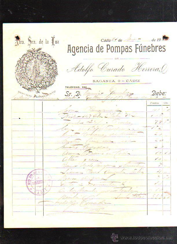 Facturas antiguas: FACTURA. AGENCIA DE POMPAS FUNEBRES DE ADOLFO CURADO HERRERA. CADIZ. NTRA. SRA. DE LA LUZ. 1920