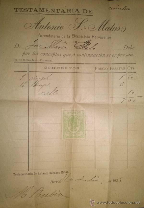 Facturas antiguas: LA ELECTRICISTA HERVASENSE HERVAS CACERES 1925 - Foto 1