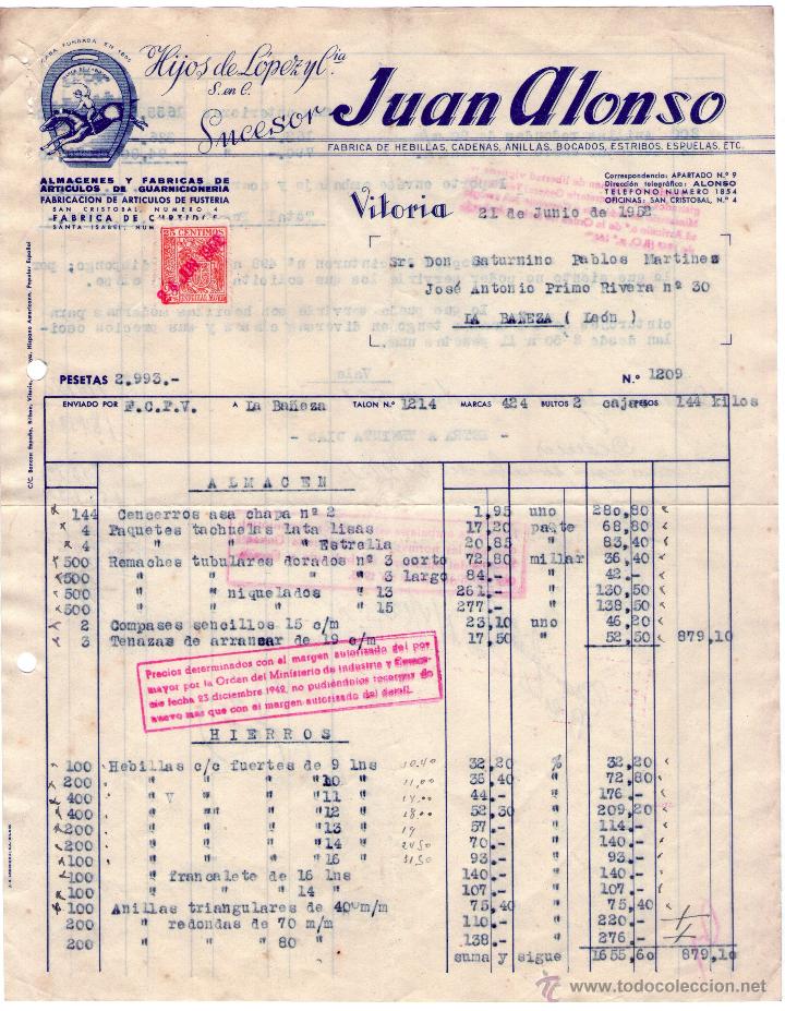 Alte Rechnungen: FACTURA HIJOS DE LOPEZ Y Ci&ordf;. Suc. JUAN ALONSO FABRICA DE HEBILLAS, CADENAS ANILLLAS. VITORIA. 1952