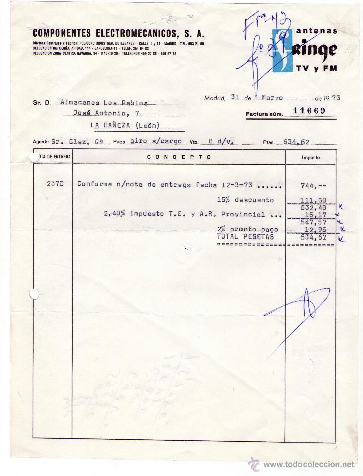 Alte Rechnungen: FACTURA DE COMPONENTES ELECTROMECANICOS, S. A. MADRID. 1973.