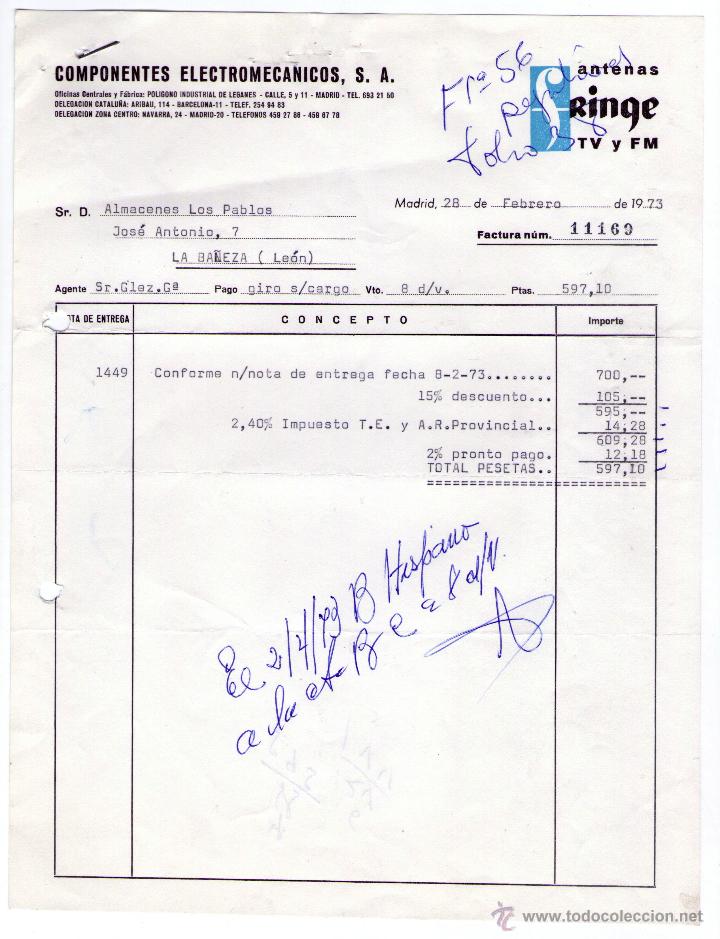 Alte Rechnungen: FACTURA DE COMPONENTES ELECTROMECANICOS, S. A. MADRID. 1973.