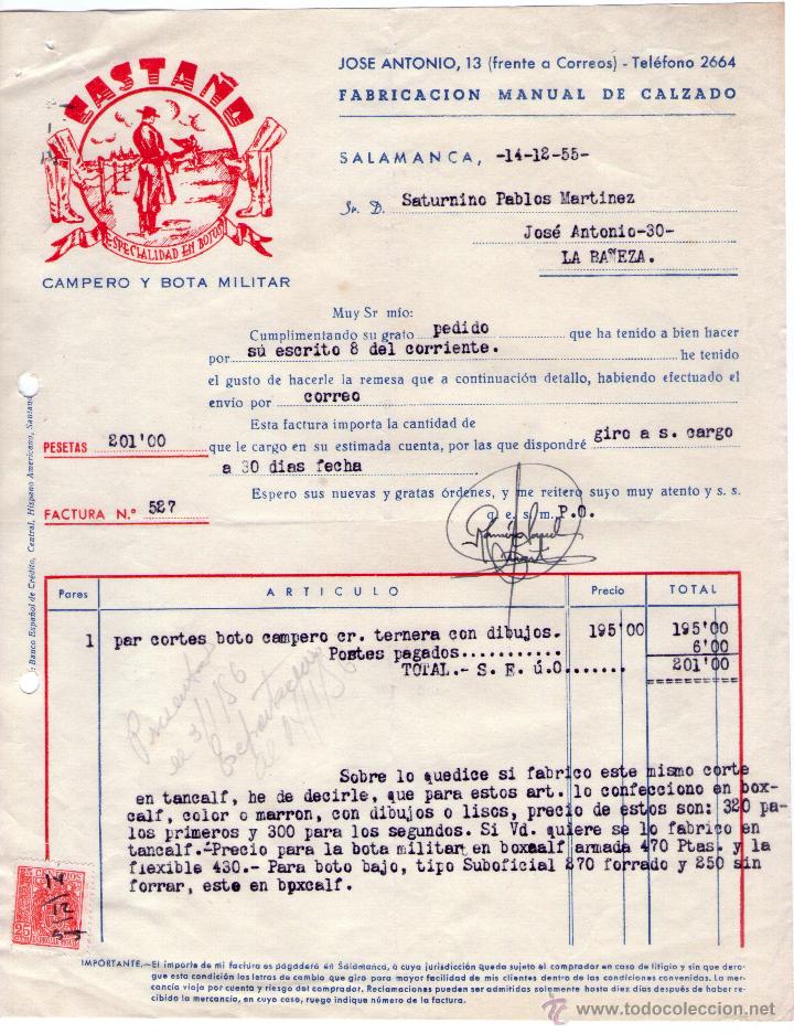 Alte Rechnungen: FACTURA DE CASTA&Ntilde;O. FABRICACI&Oacute;N MANUAL DE CALZADO CAMPERO Y BOTA MILITAR. SALAMANCA. 1955.