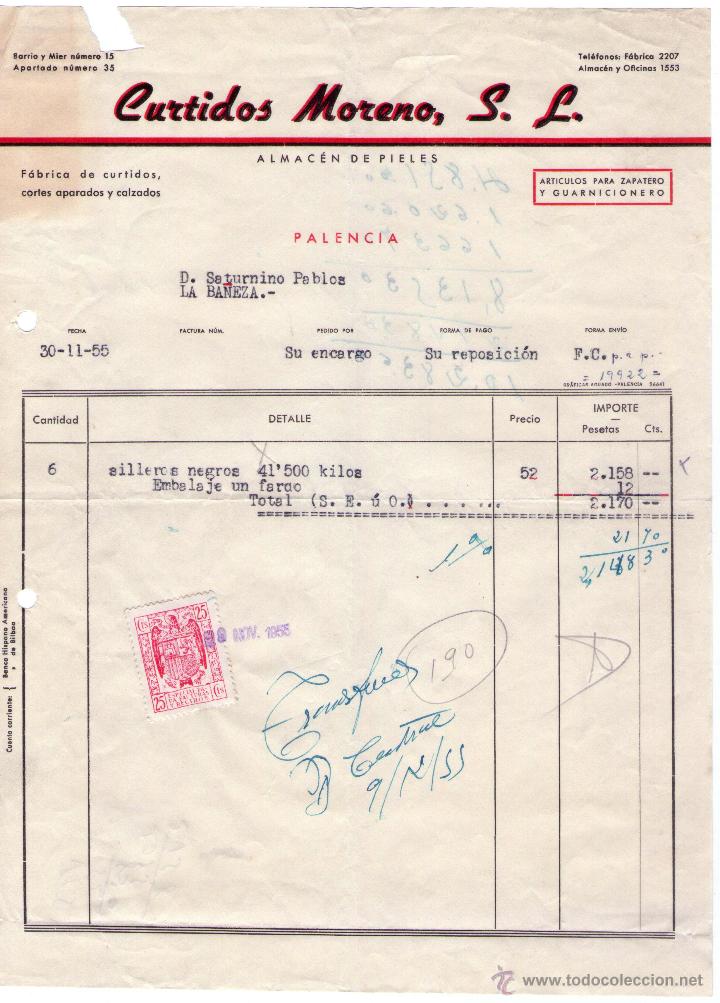 Alte Rechnungen: FACTURA DE CURTIDOS MORENO, S. L. F&Aacute;BRICA DE CURTIDOS Y ALMAC&Eacute;N DE PIELES. PALENCIA. 1955