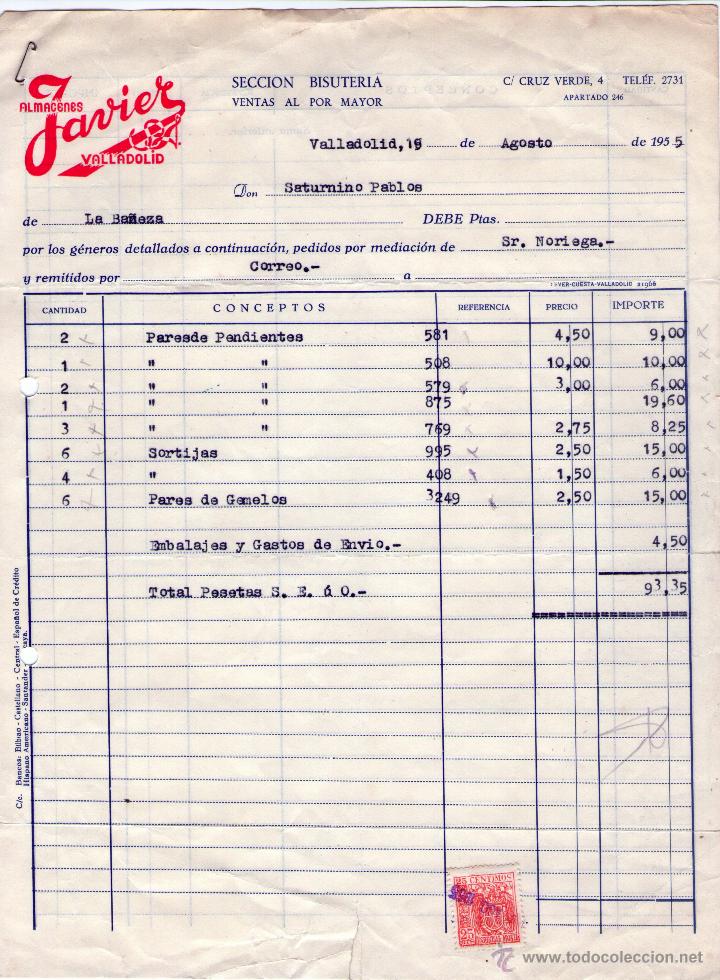 Factures anciennes: FACTURA DE ALMACENES JAVIER, S. A. SECCION BISUTERIA. VENTAS AL POR MAYOR. VALLADOLID. 1955.
