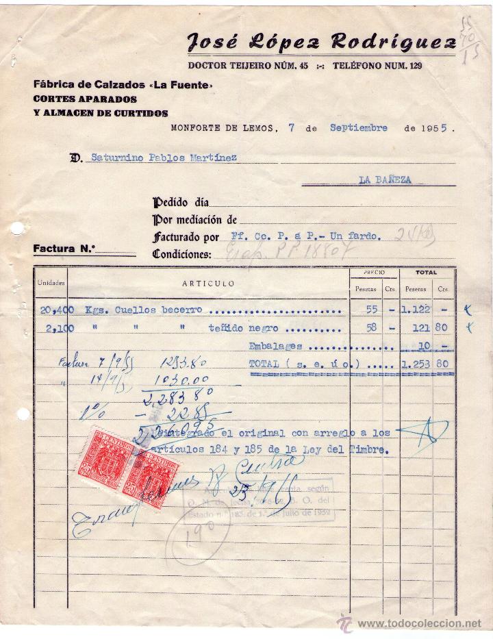 Factures anciennes: FACTURA JOS&Eacute; L&Oacute;PEZ RODRIGUEZ. F&Aacute;BRICA DE CALZADOS. CORTES APARADOS Y ALMAC&Eacute;N DE CURTIDOS. LUGO.1955