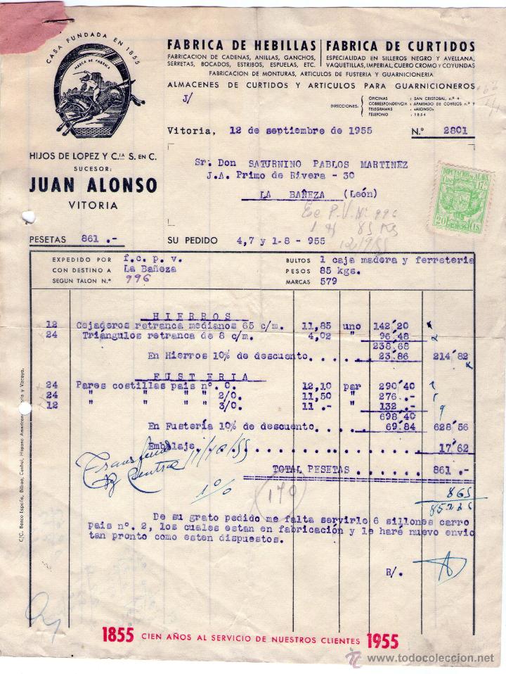 Factures anciennes: FACTURA HIJOS DE LOPEZ Y Ci&ordf;. Suc. JUAN ALONSO.FABRICA DE HEBILLAS - CURTIDOS. VITORIA. 1955