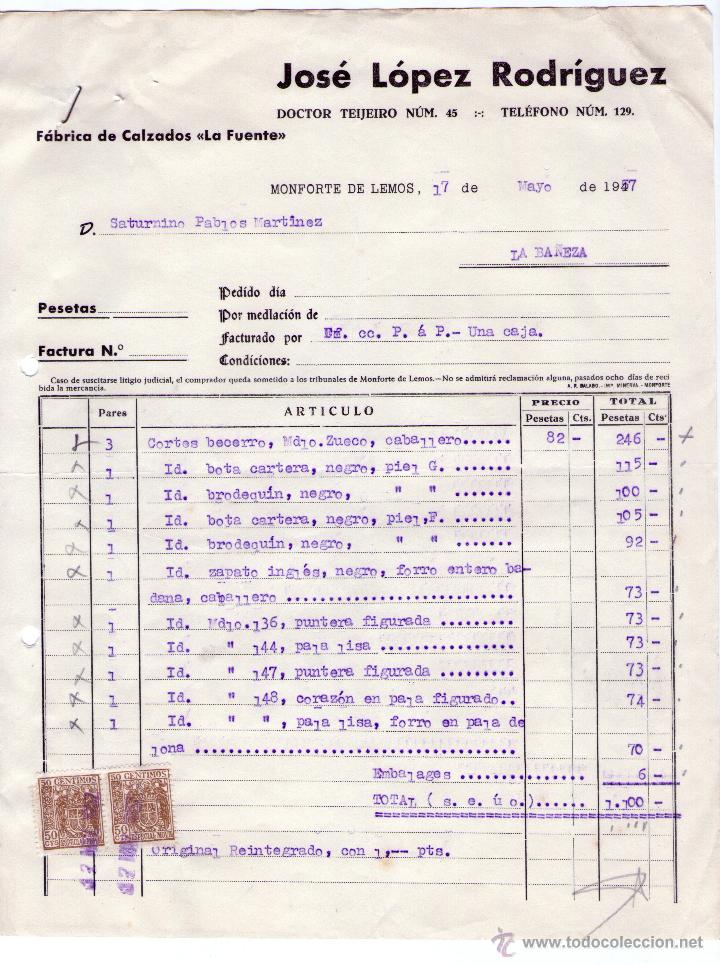 Factures anciennes: FACTURA JOS&Eacute; L&Oacute;PEZ RODRIGUEZ. F&Aacute;BRICA DE CALZADOS. MONFORTE DE LEMOS (LUGO). 1957