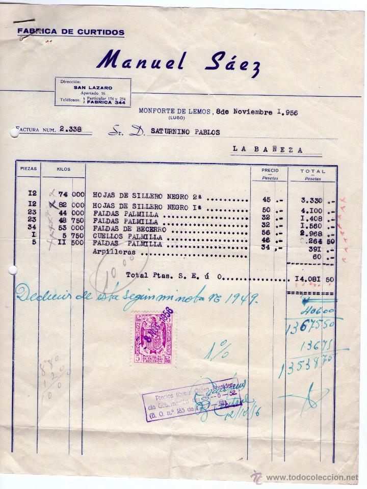 Factures anciennes: FACTURA DE MANUEL S&Aacute;EZ. F&Aacute;BRICA DE CURTIDOS. MONFORTE DE LEMOS (LUGO). 1956