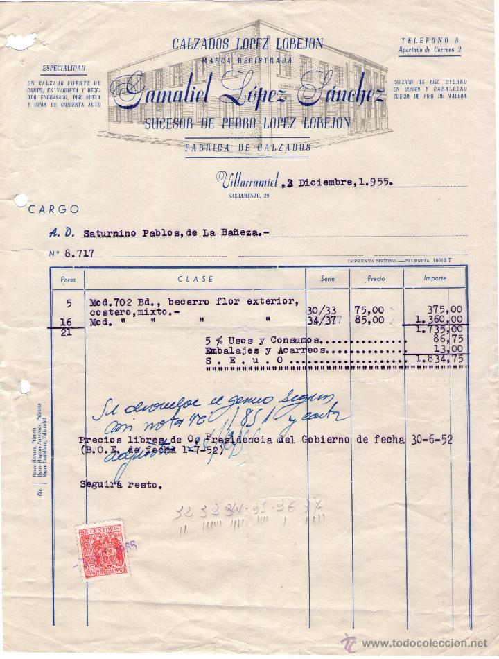 Factures anciennes: FACTURA GAMALIEL L&Oacute;PEZ S&Aacute;NCHEZ Suc. DE PEDRO L&Oacute;PEZ LOBEJON. F&Aacute;BRICA DE CALZADOS. VILLARRAMIEL. 1955