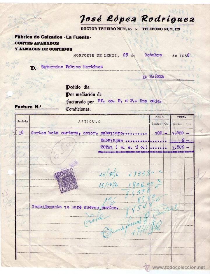 Factures anciennes: FACTURA JOS&Eacute; L&Oacute;PEZ RODRIGUEZ. F&Aacute;BRICA DE CALZADOS. CORTES APARADOS Y ALMAC&Eacute;N DE CURTIDOS. LUGO.1956