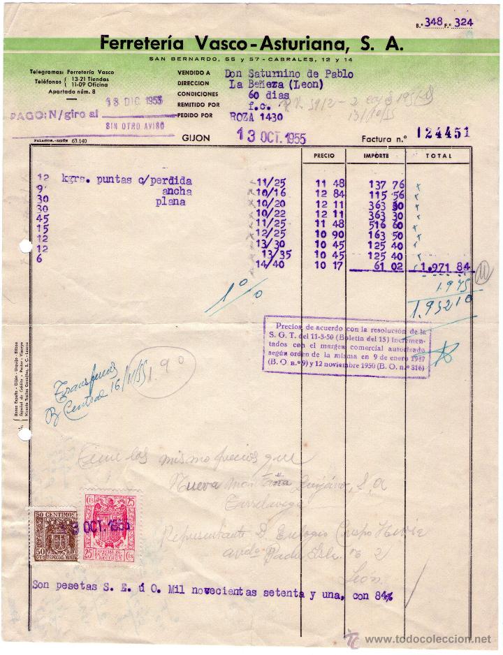 Factures anciennes: FACTURA DE FERRETER&Iacute;A VASCO - ASTURIANA, S. A. GIJON. 1955.