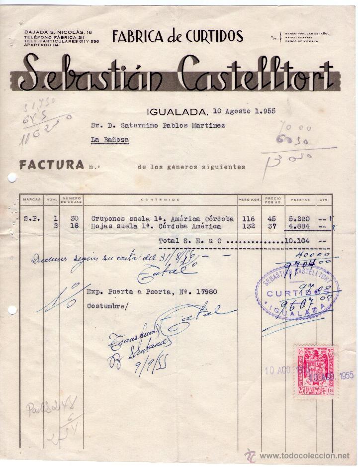 Factures anciennes: FACTURA DE SEBASTI&Aacute;N CASTELLTORT. F&Aacute;BRICA DE CURTIDOS. IGUALADA (BARCELONA). 1955