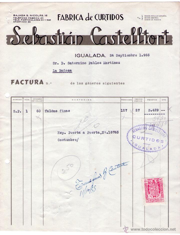 Factures anciennes: FACTURA DE SEBASTI&Aacute;N CASTELLTORT. F&Aacute;BRICA DE CURTIDOS. IGUALADA (BARCELONA). 1955