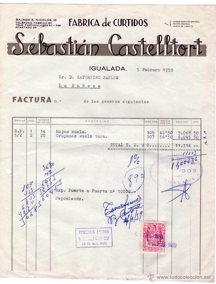 Factures anciennes: FACTURA DE SEBASTI&Aacute;N CASTELLTORT. F&Aacute;BRICA DE CURTIDOS. IGUALADA (BARCELONA). 1955