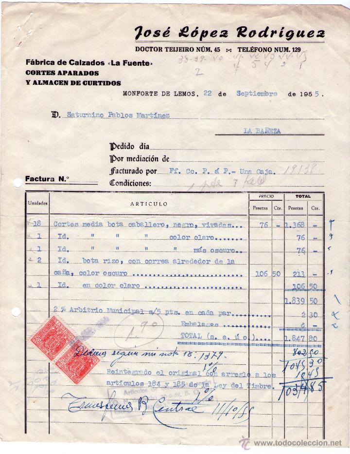 Factures anciennes: FACTURA JOS&Eacute; L&Oacute;PEZ RODRIGUEZ. F&Aacute;BRICA DE CALZADOS. CORTES APARADOS Y ALMAC&Eacute;N DE CURTIDOS. LUGO.1955
