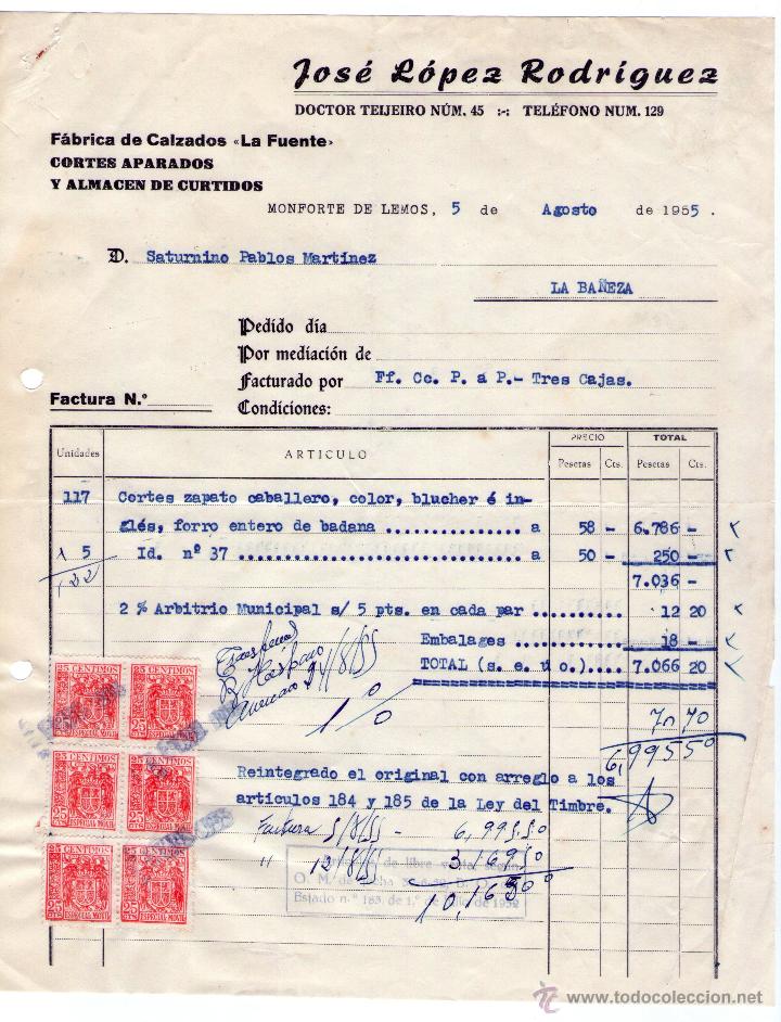 Factures anciennes: FACTURA JOS&Eacute; L&Oacute;PEZ RODRIGUEZ. F&Aacute;BRICA DE CALZADOS. CORTES APARADOS Y ALMAC&Eacute;N DE CURTIDOS. LUGO.1955